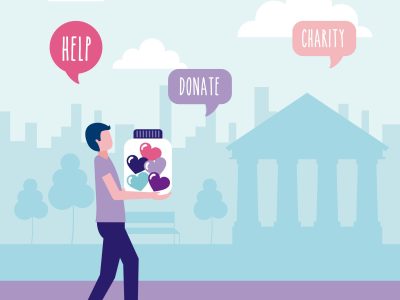 volunteers help man donate charity people vector illustration