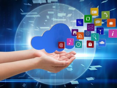 composite of hand holding cloud graphics